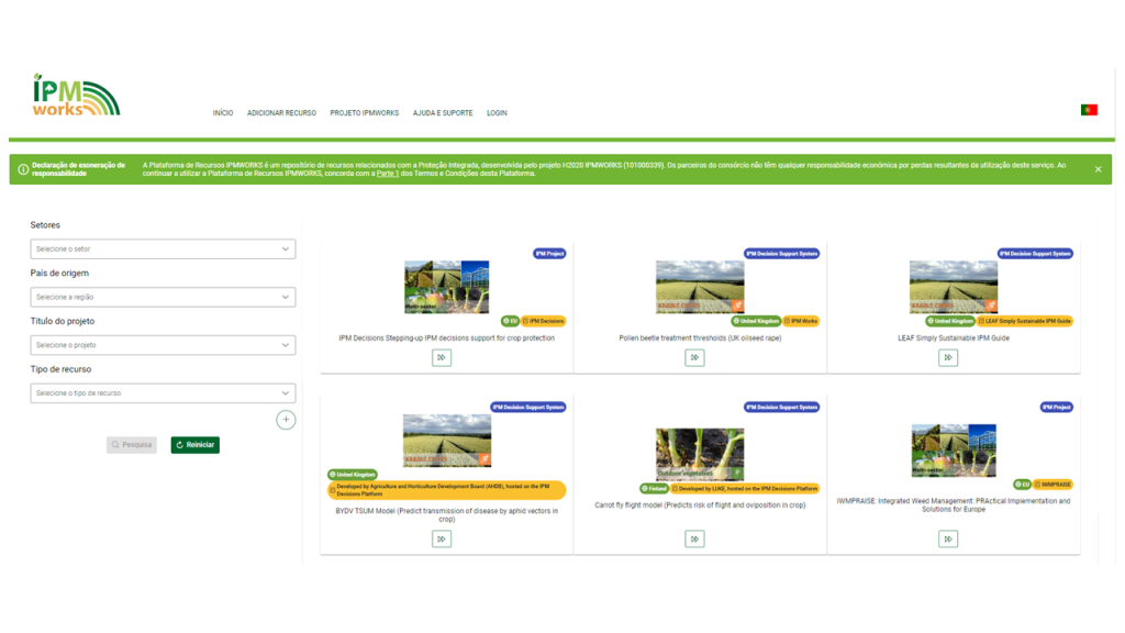 Plataforma online de recursos de proteção integrada do projeto europeu IPMWORKS